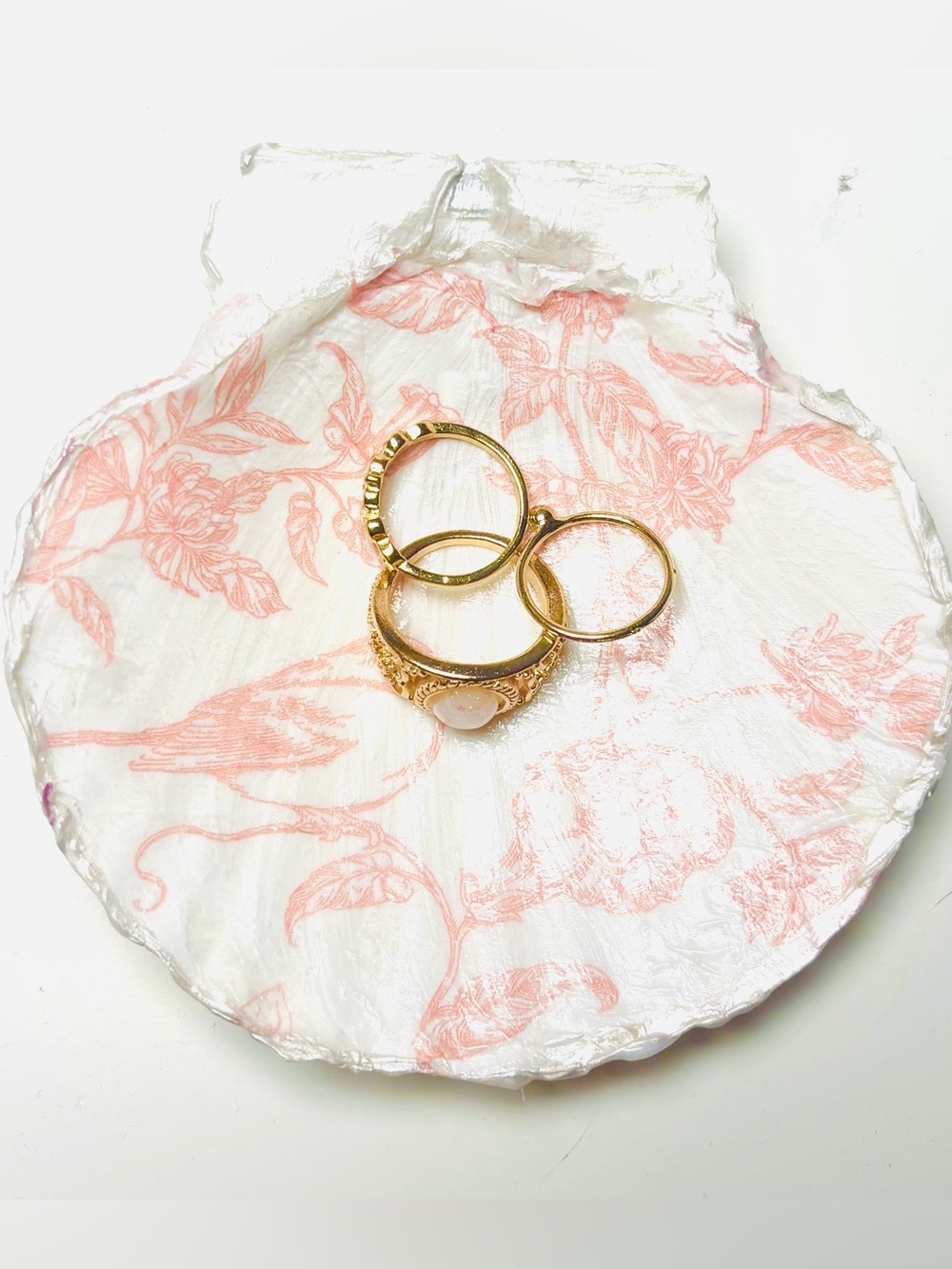 Handmade Scallop Shell Trinket Dish w/ Pink Floral Bird Decoupage Design